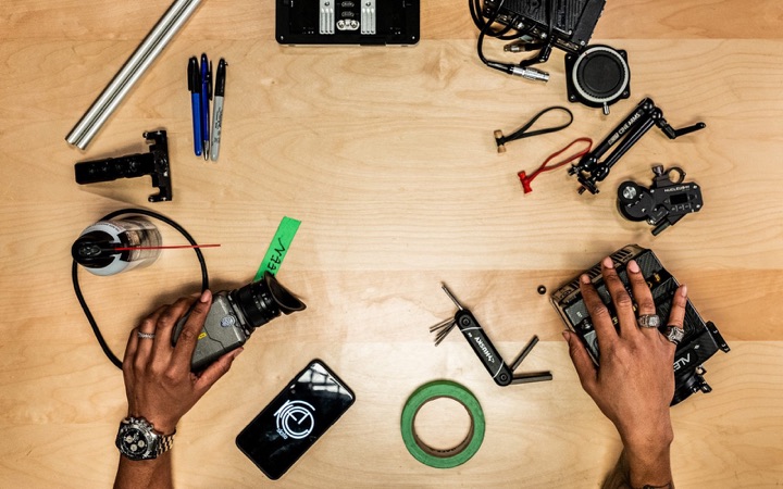 Behind the scenes: camera parts flat lay